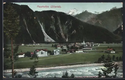 AK Mayrhofen, Teilansicht mit Kirche und Fluss, Gebirge