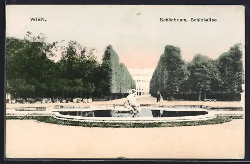 AK Wien, Schönbrunn, Schlossallee und Wasserbecken