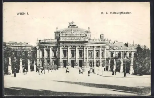 AK Wien, K. k. Hofburgtheater, Vorderansicht mit Strassenbahn