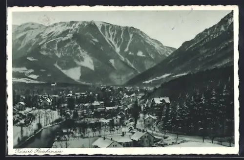 AK Reichenau, Totalansicht im Winter mit Bergpanorama