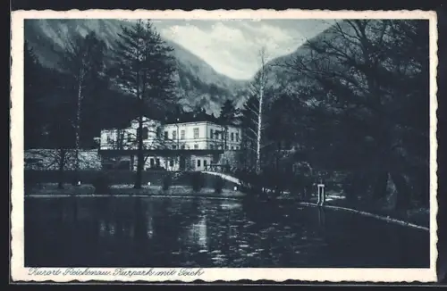 AK Reichenau, Kurpark mit Teich und Gebäude
