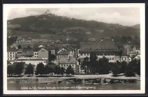 AK Linz, Blick zur neuen Schule in Urfahr mit Pöstlingberg