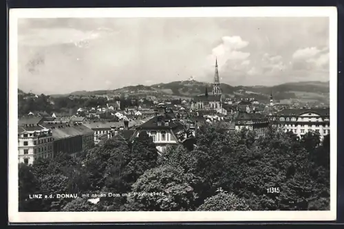 AK Linz a. D., Totalansicht mit neuem Dom und Pöstlingberg