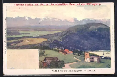 Künstler-AK Linz a. D., Ausblick von der Pöstlingbergbahn