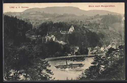AK Linz a. D., Blick nach Margarethen, mit Dampfer