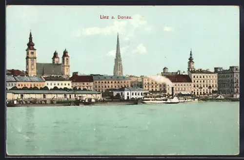 AK Linz a. D., Stadtpanorama von der Donau aus