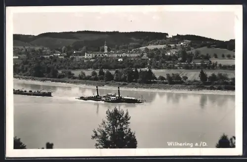 AK Wilhering, Donaupartie mit Passagierdampfer u. Blick nach d. Stift