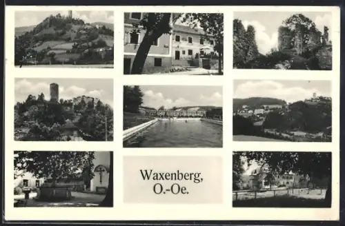 AK Waxenberg /O.-Oe., Wasserbecken, Burg, Ortspartie, Gebäudeansichten