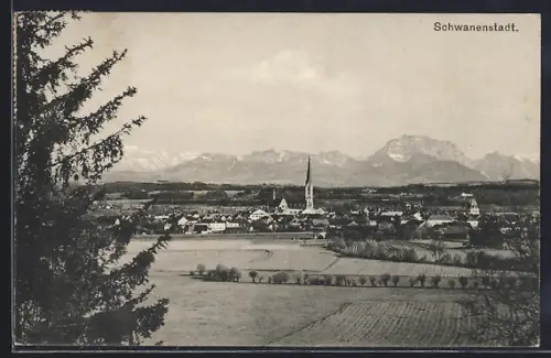 AK Schwanenstadt, Ortspanorama mit Kirche