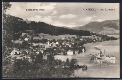 AK Unterach am Attersee, Ortsansicht mit Dampfer aus der Vogelschau