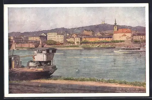 Künstler-AK Rud. Schmidt: Urfahr, Dampfer am Ufer