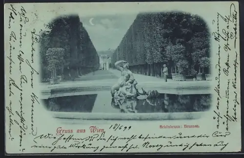 Mondschein-AK Wien, Schönbrunn: Brunnen