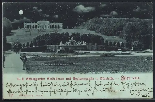 Mondschein-AK Wien, K. k. Schlossgarten Schönbrunn mit Neptunsgrotte u. Gloriette
