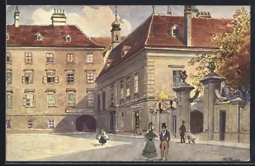 Künstler-AK R. Preuss: Wien, Heiligenkreuzerhof, Leute, Hund