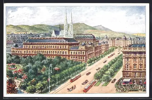 Künstler-AK Wien, Universität, mit Ring des 12. November und Strassenbahn