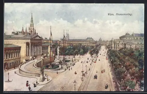 Künstler-AK Wien, Franzensring mit Parlament aus der Vogelschau