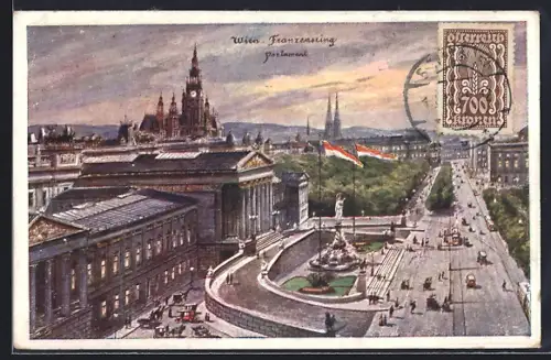 Künstler-AK Wien, Franzensring mit Parlament aus der Vogelschau