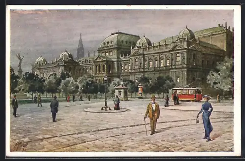 Künstler-AK Wien, Universität mit Platz und Strassenbahn