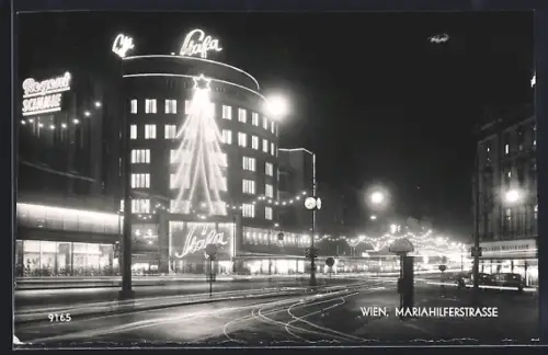 AK Wien, Mariahilferstrasse mit Stafa-Kaufhaus u. Weihnachtsbeleuchtung