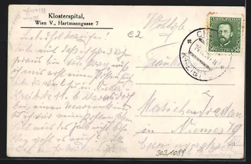 AK Wien, Klosterspital, Hartmanngasse 7, Innenansicht Korridor mit Heiligenfigur
