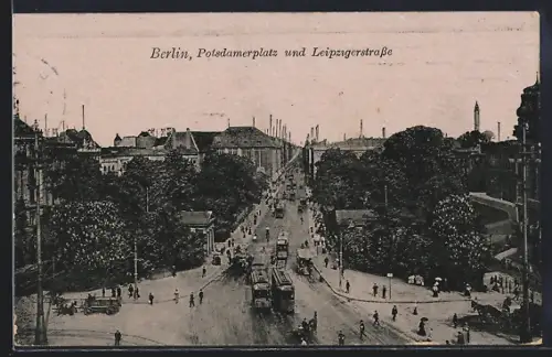 AK Berlin, Potsdamerpletz mit Leipzigerstrasse aus der Vogelschau, Strassenbahn