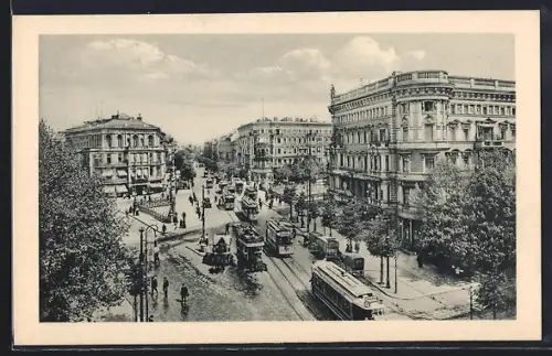 AK Berlin-Tiergarten, Potsdamer Brücke aus der Vogelschau mit Strassenbahnen