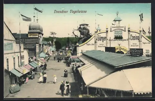 AK Dresden, Vogelwiese, Bürger-Casino und Hippodrom, Jahrmarkt