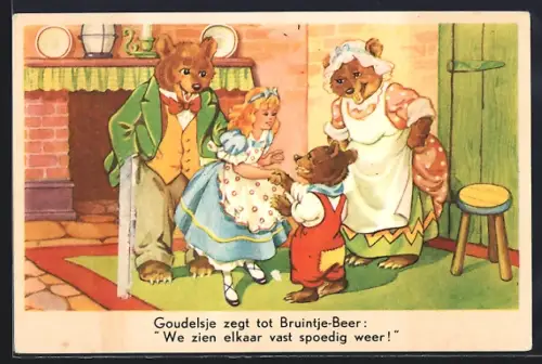 AK Verschmenschlichte Bären mit Mädchen im Haus