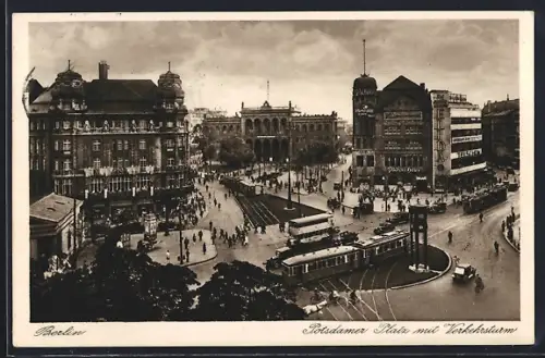 AK Berlin-Tiergarten, Blick auf den Potsdamer Platz mit Verkehrsturm, Strassenbahn