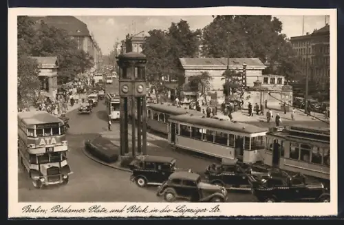 AK Berlin, Potsdamer Platz und Blick in die Leipziger Strasse, Strassenbahn