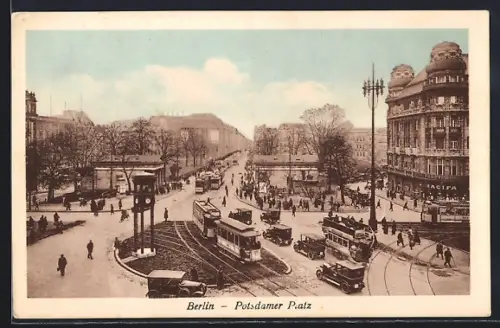 AK Berlin-Tiergarten, Potsdamer Platz mit Strassenbahnen