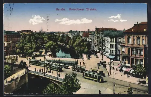 AK Berlin-Tiergarten, Strassenbahn und Pferdebahn überqueren die Potsdamer Brücke