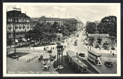 AK Berlin-Tiergarten, Potsdamer Platz mit Leipziger Strasse, Strassenbahn