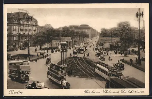 AK Berlin-Tiergarten, Potsdamer Platz mit Verkehrsturm, Strassenbahnen