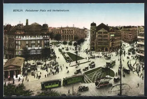 AK Berlin-Tiergarten, Potsdamer Platz mit neuem Verkehrsturm & Strassenbahn