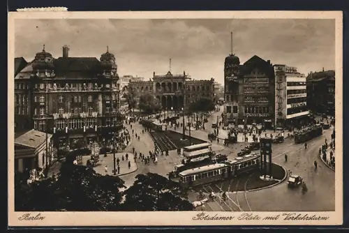 AK Berlin-Tiergarten, Blick auf den Potsdamer Platz mit Verkehrsturm, Strassenbahn