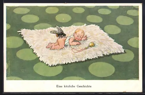 Künstler-AK Wespe landet auf einem Baby, Eine kitzliche Geschichte