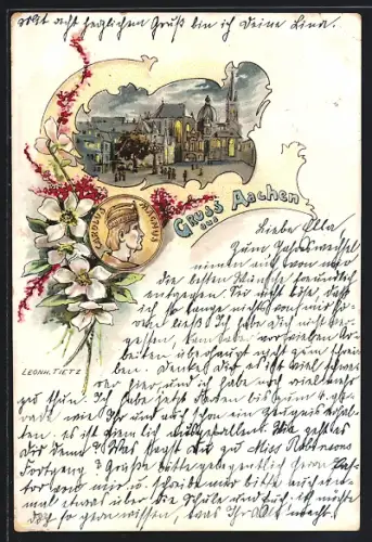 Lithographie Aachen, Strassenpartie bei Nacht, Carolus Magnus