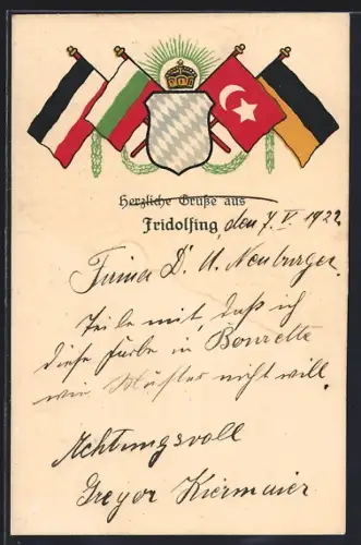 Künstler-AK Fridolfing, Flagge der Türkei, Wappen