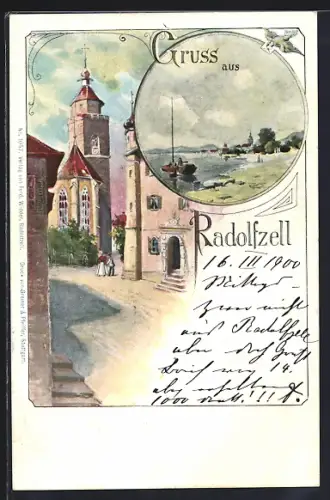 Lithographie Radolfzell, Strassenpartie mit Kirche, Uferpartie