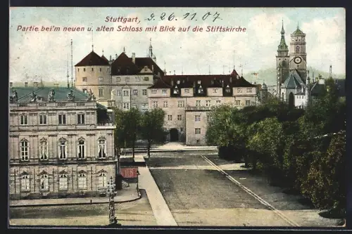 AK Stuttgart, Neues und altes Schloss mit Blick auf die Stiftskirche