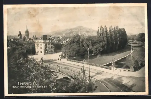 AK Freiburg i. B., Friedrichsbrücke mit Dreisam