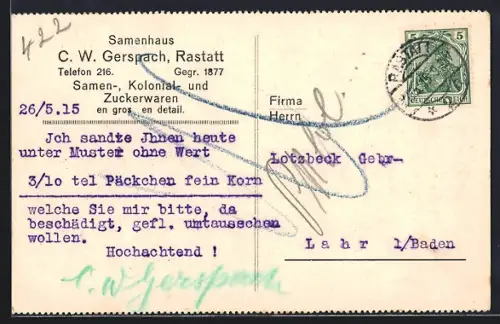 AK Rastatt, Correspondenzkarte des Samenhaus C. W. Gerspach
