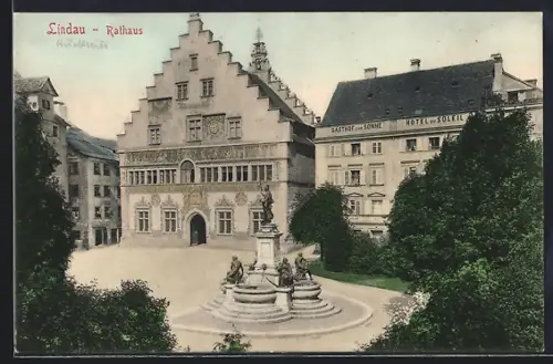 AK Lindau / Bodensee, Gasthof zur Sonne, Hotel du Soleil, Brunnen