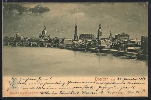 AK Dresden, Stadtsilhouette bei Vollmond von der Elbe aus