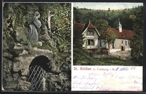 AK St. Ottilien b. Freiburg, Kreuzigungsgruppe, Blick in den Ort