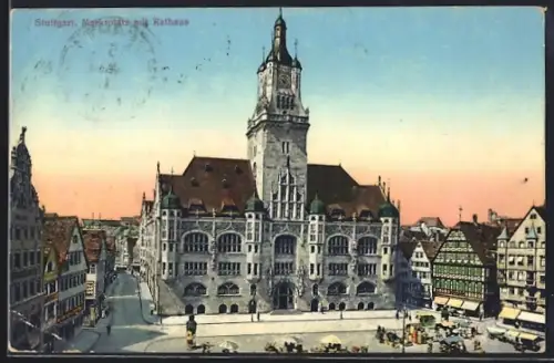 AK Stuttgart, Marktplatz mit Rathaus
