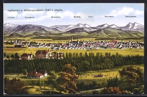 AK Isny i. Allgäu, Ortspanorama mit Bergen