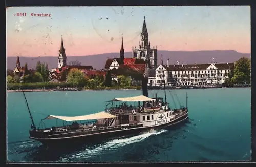 AK Konstanz, Dampfschiff in voller Fahrt