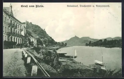 AK Rolandseck /Rhein, Drachenfels, Nonnenwerth. Partie am Rhein